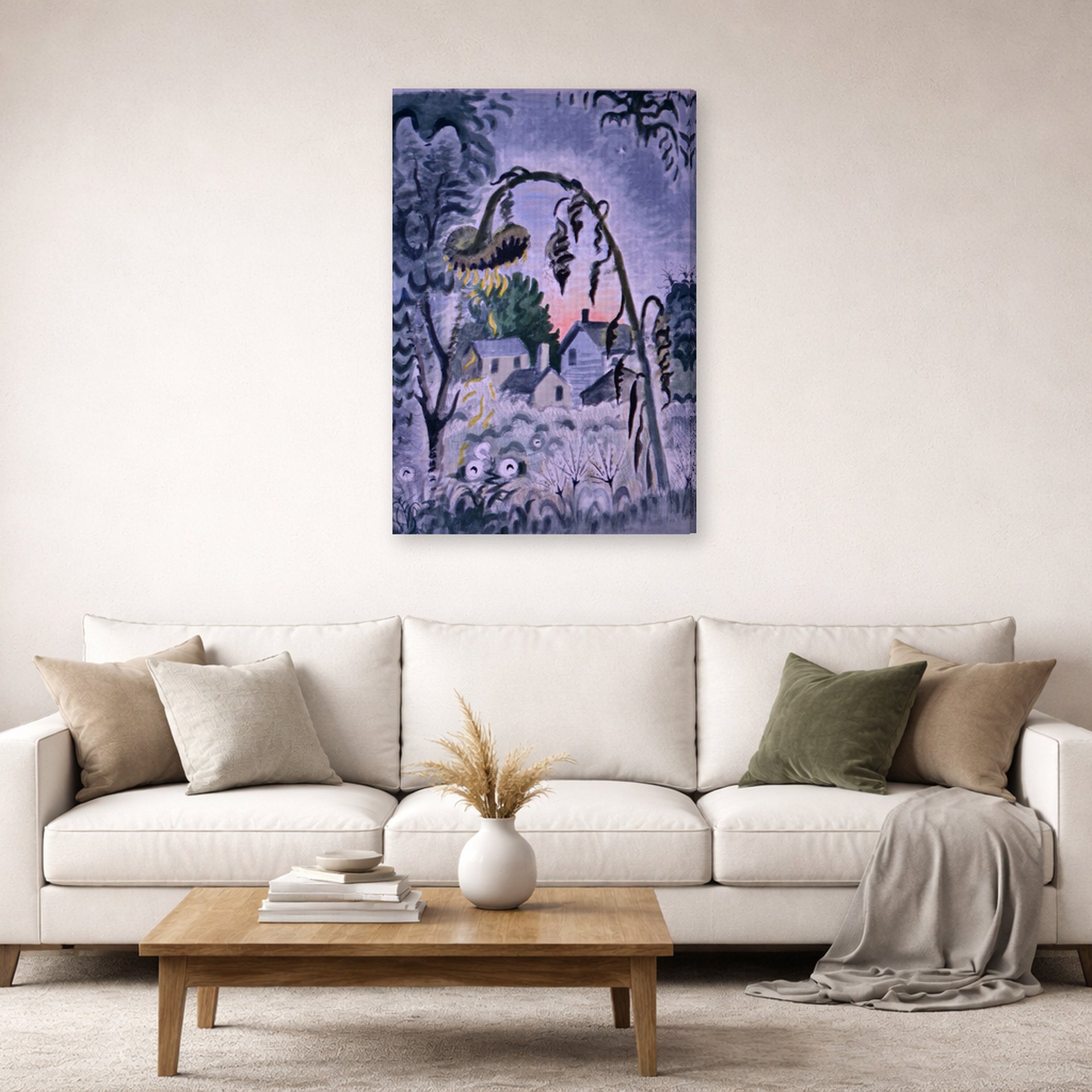 Gallery-wrapped canvas print of Charles Burchfield's September Afterglow displayed on a wall in a living room