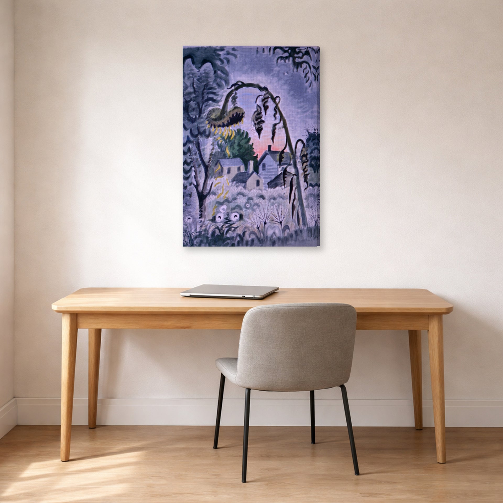 Gallery-wrapped canvas print of Charles Burchfield's September Afterglow displayed on a wall in a office