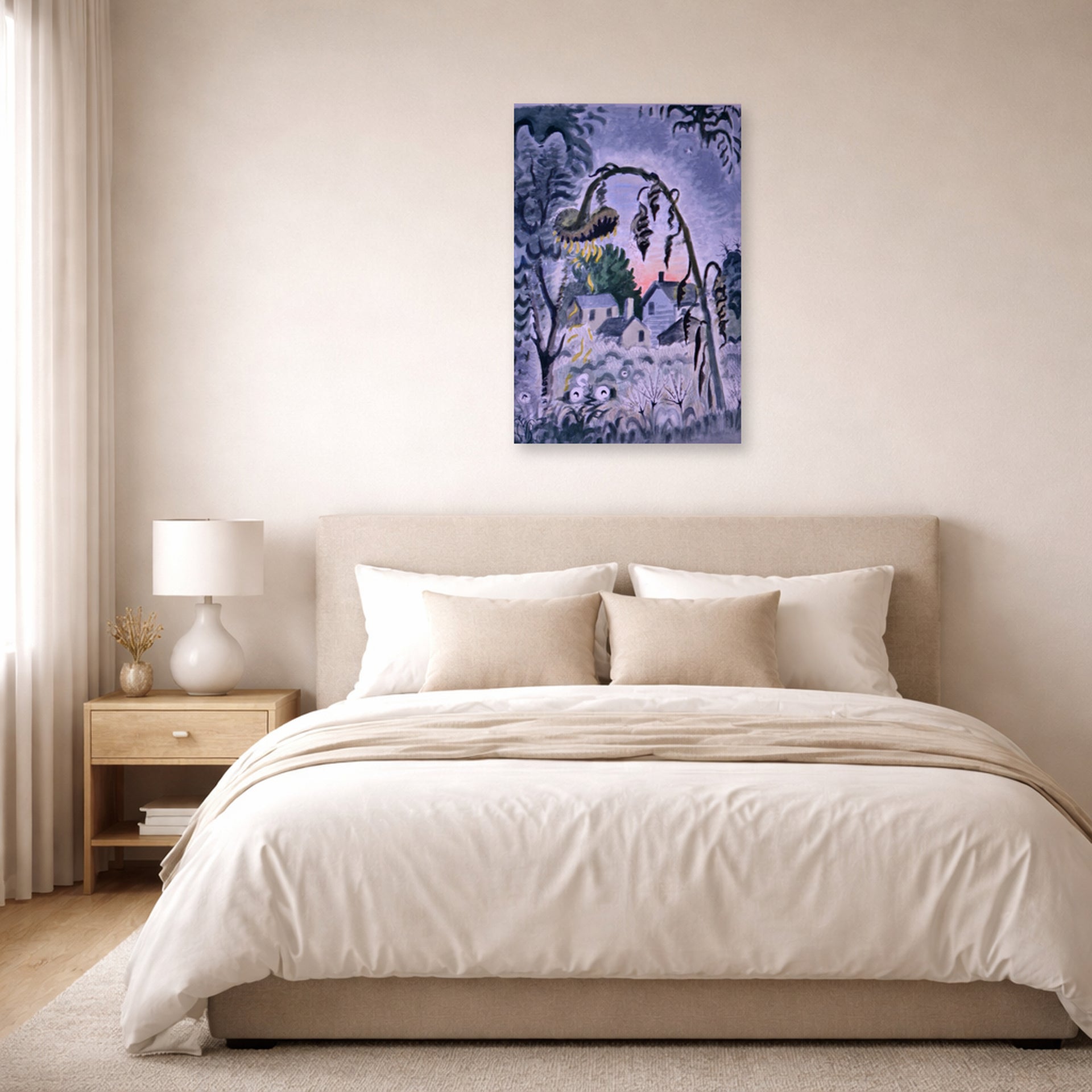 Unframed poster print of Charles Burchfield's September Afterglow displayed on a wall in a bedroom