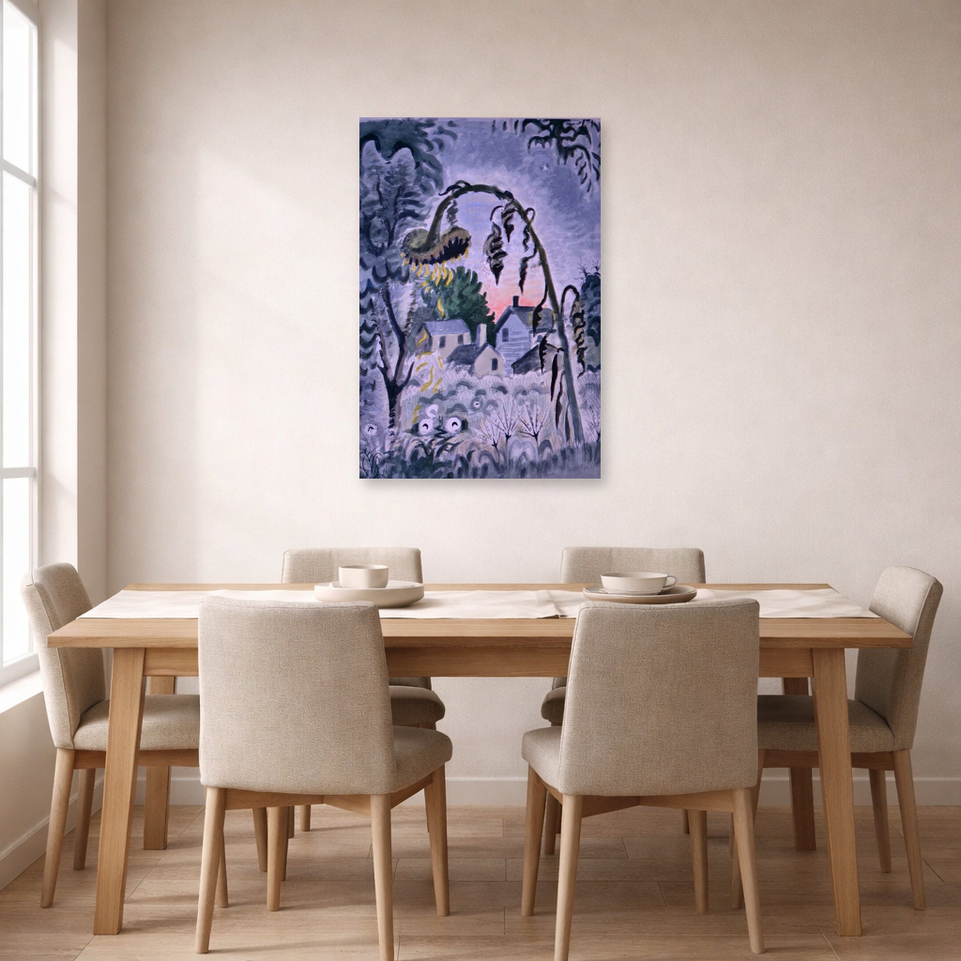 Unframed poster print of Charles Burchfield's September Afterglow displayed on a wall in a dining room