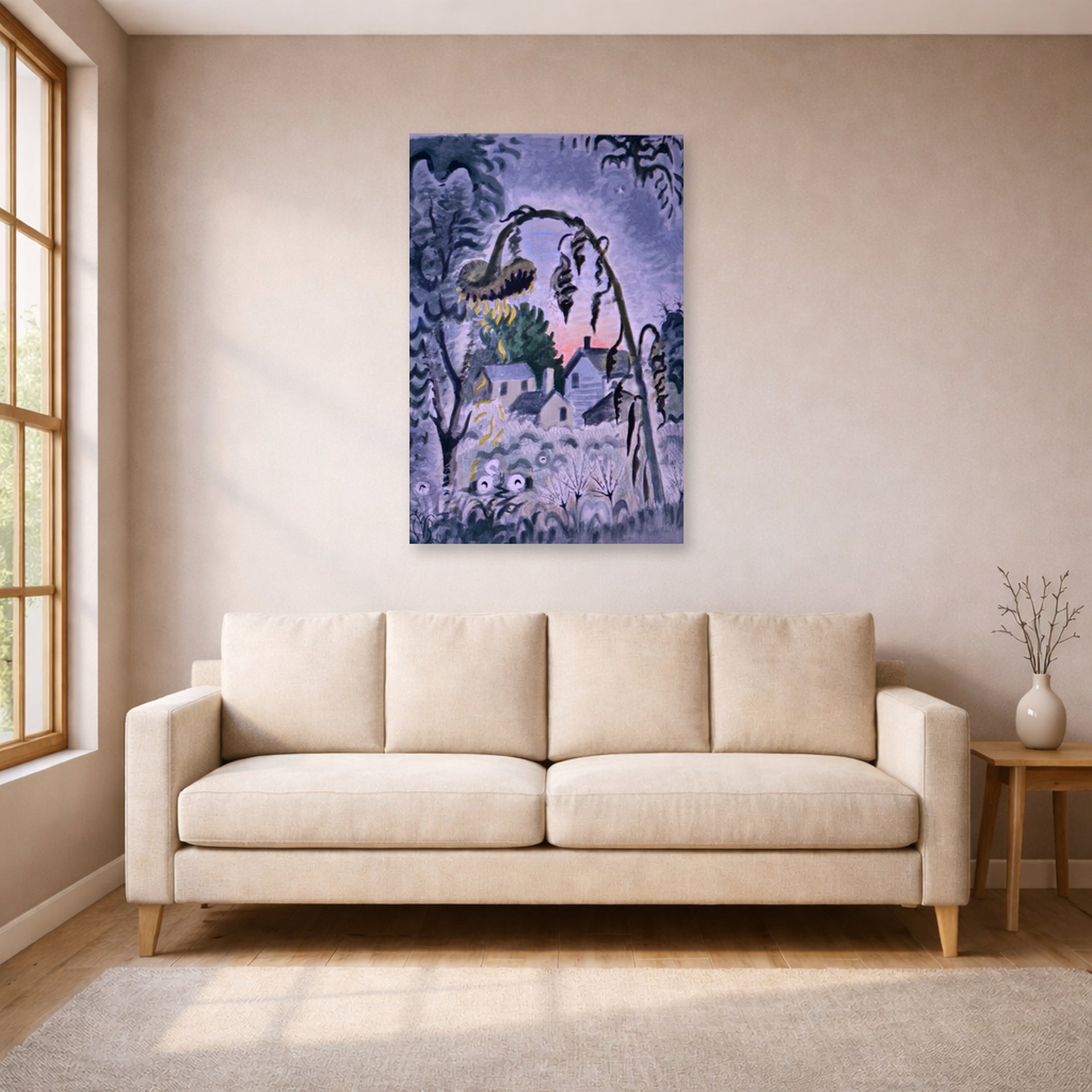 Unframed poster print of Charles Burchfield's September Afterglow displayed on a wall in a living room