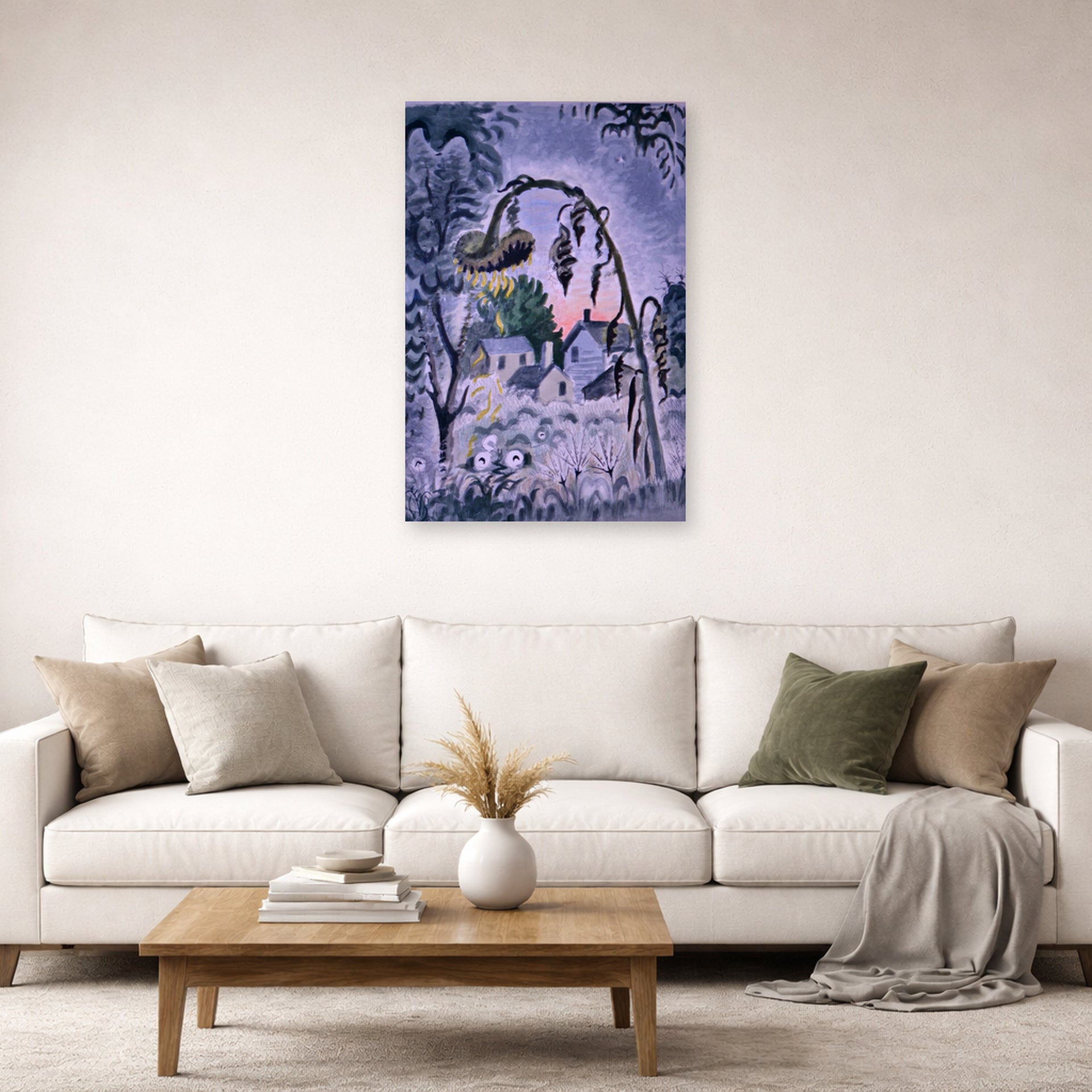Unframed poster print of Charles Burchfield's September Afterglow displayed on a wall in a living room