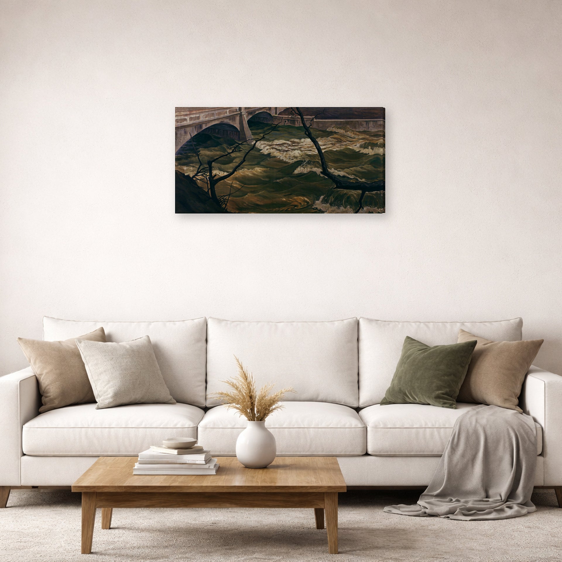Gallery-wrapped canvas print of Charles Burchfield's Spring Flood displayed on a wall in a living room