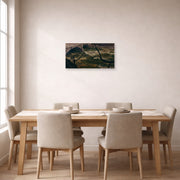 Unframed poster print of Charles Burchfield's Spring Flood displayed on a wall in a dining room