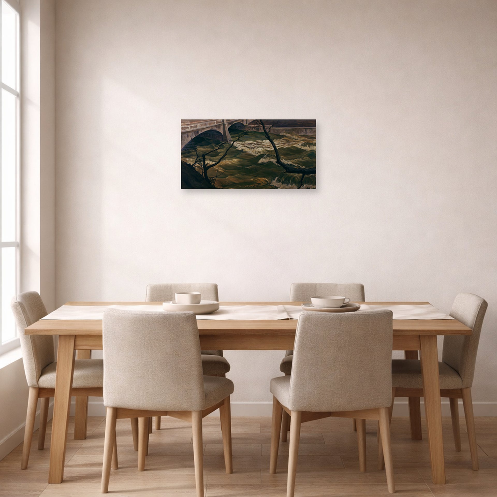 Unframed poster print of Charles Burchfield's Spring Flood displayed on a wall in a dining room