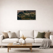 Unframed poster print of Charles Burchfield's Spring Flood displayed on a wall in a living room