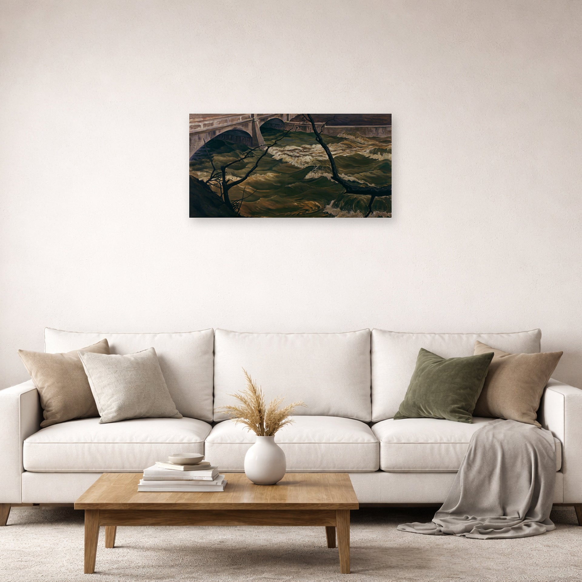 Unframed poster print of Charles Burchfield's Spring Flood displayed on a wall in a living room