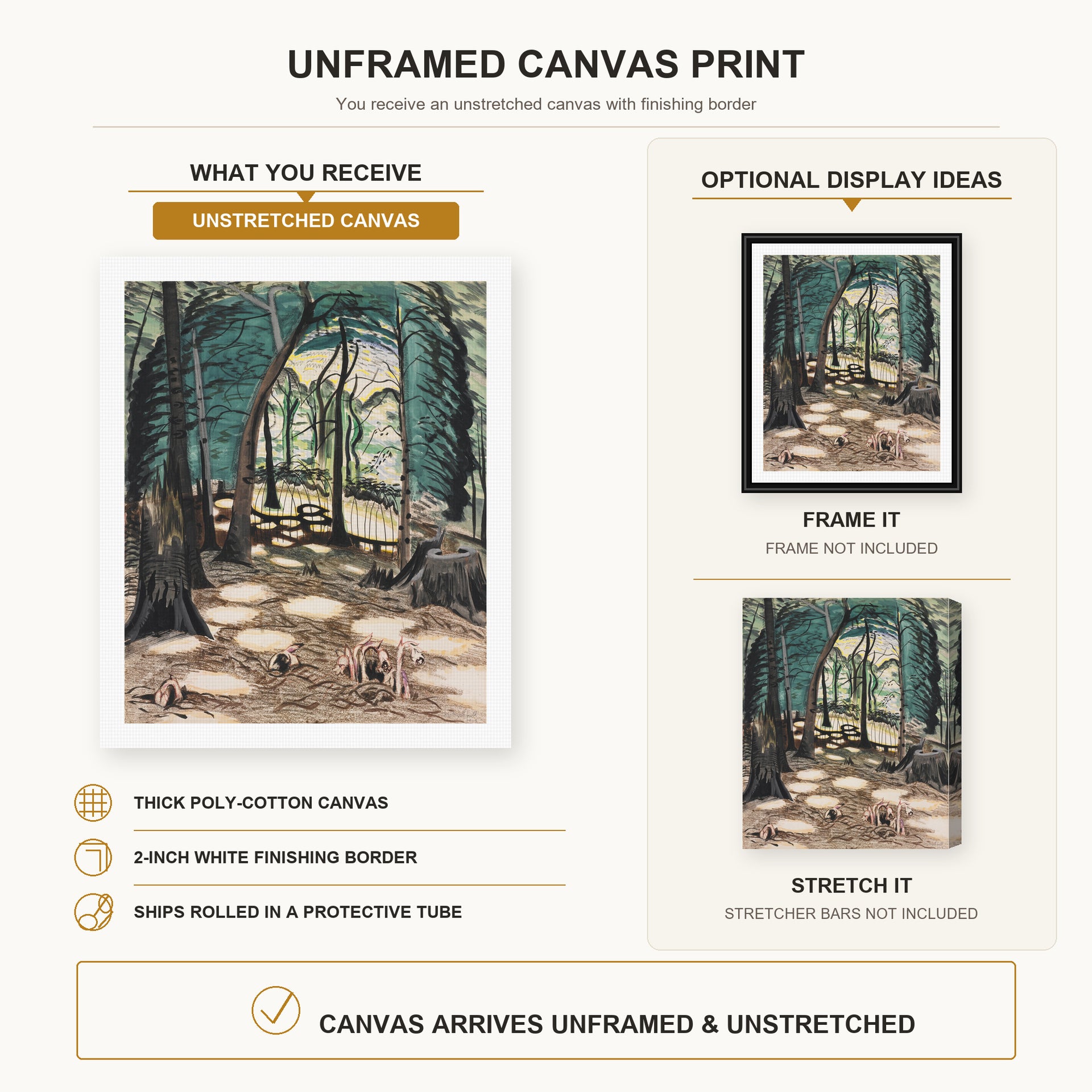 Charles Burchfield - The Bower canvas print size comparison and framing display infographic