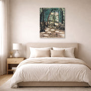 Gallery-wrapped canvas print of Charles Burchfield's The Bower displayed on a wall in a bedroom