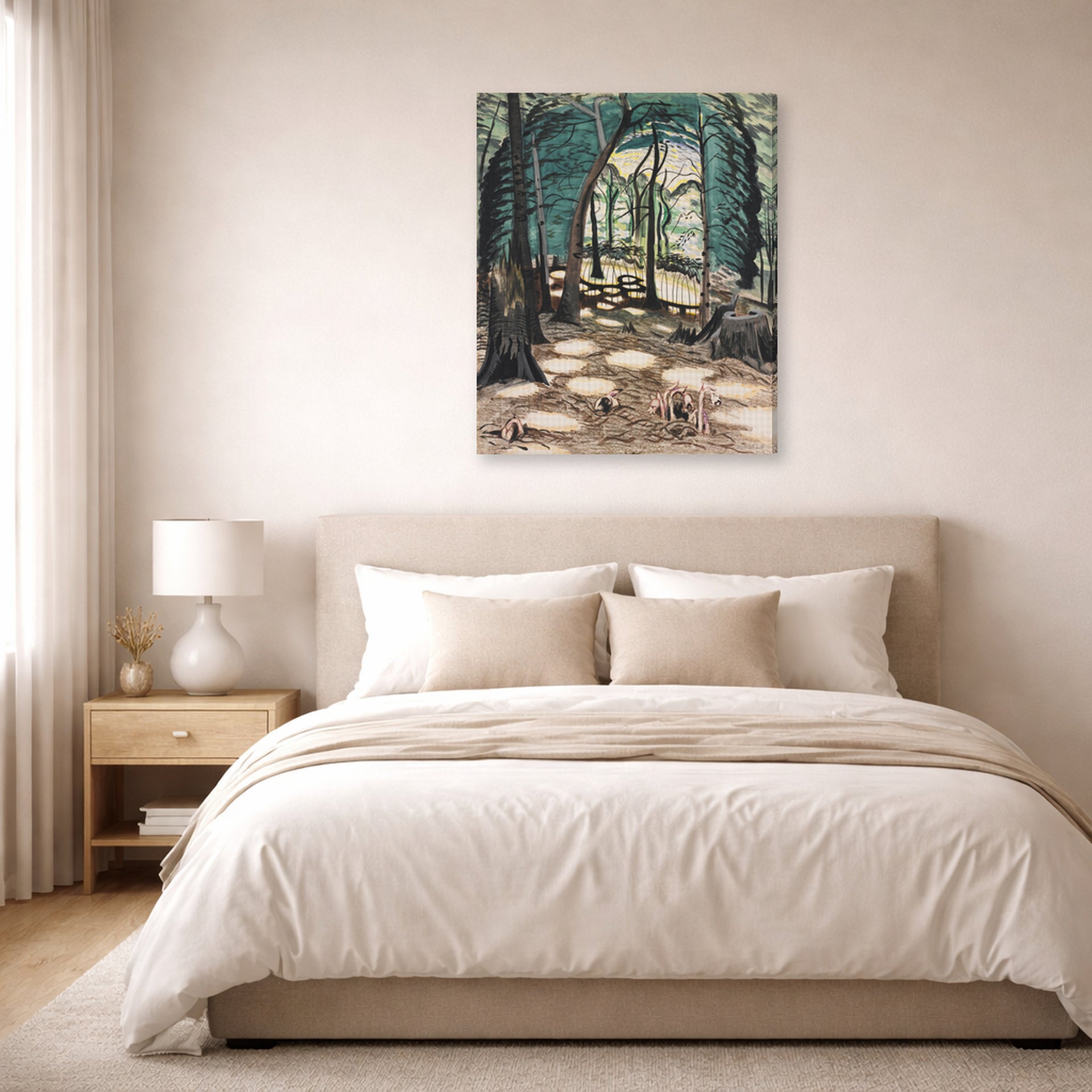 Gallery-wrapped canvas print of Charles Burchfield's The Bower displayed on a wall in a bedroom