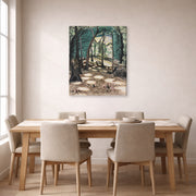 Gallery-wrapped canvas print of Charles Burchfield's The Bower displayed on a wall in a dining room
