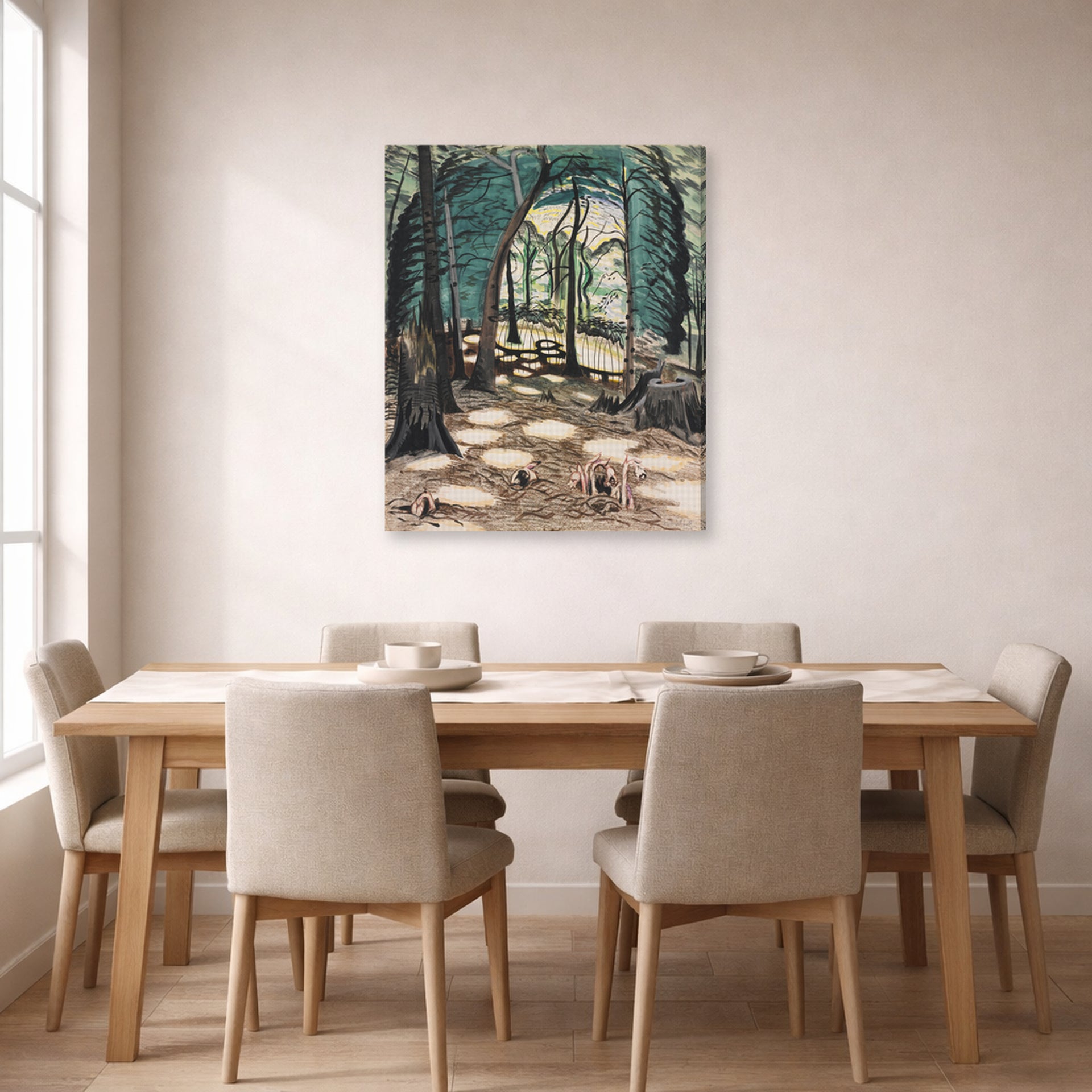 Gallery-wrapped canvas print of Charles Burchfield's The Bower displayed on a wall in a dining room