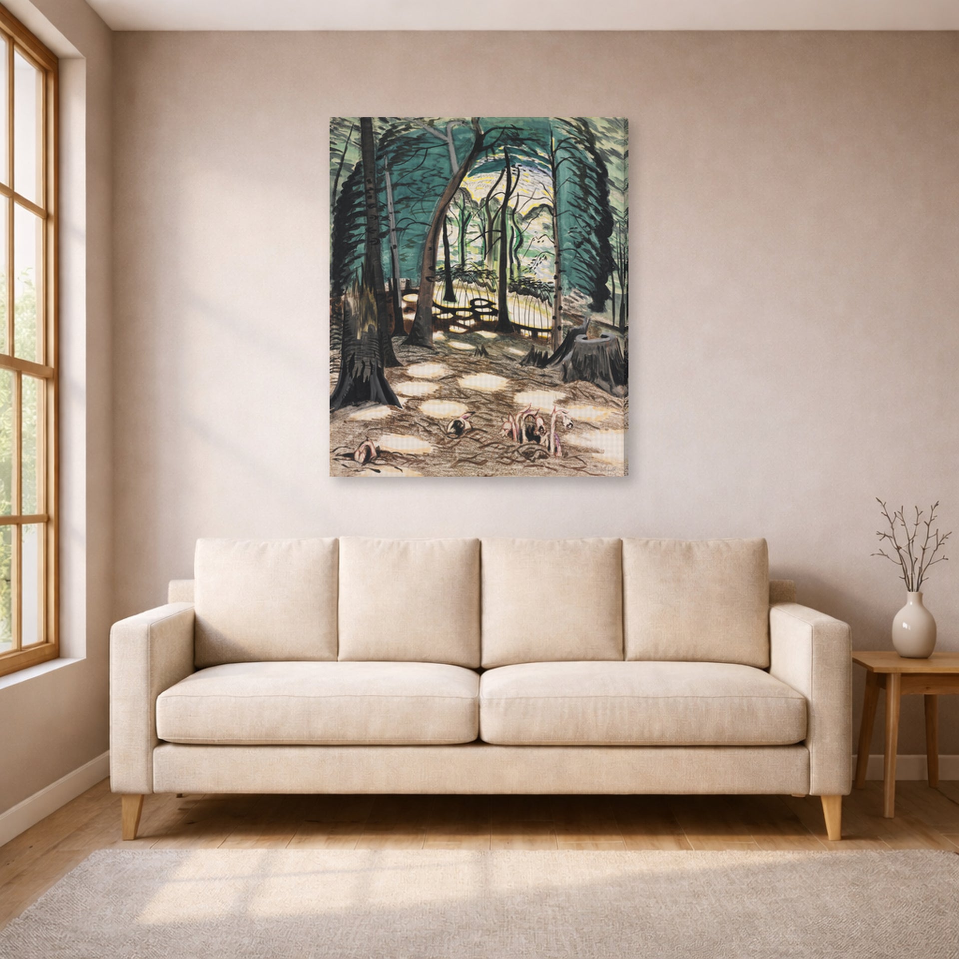 Gallery-wrapped canvas print of Charles Burchfield's The Bower displayed on a wall in a living room
