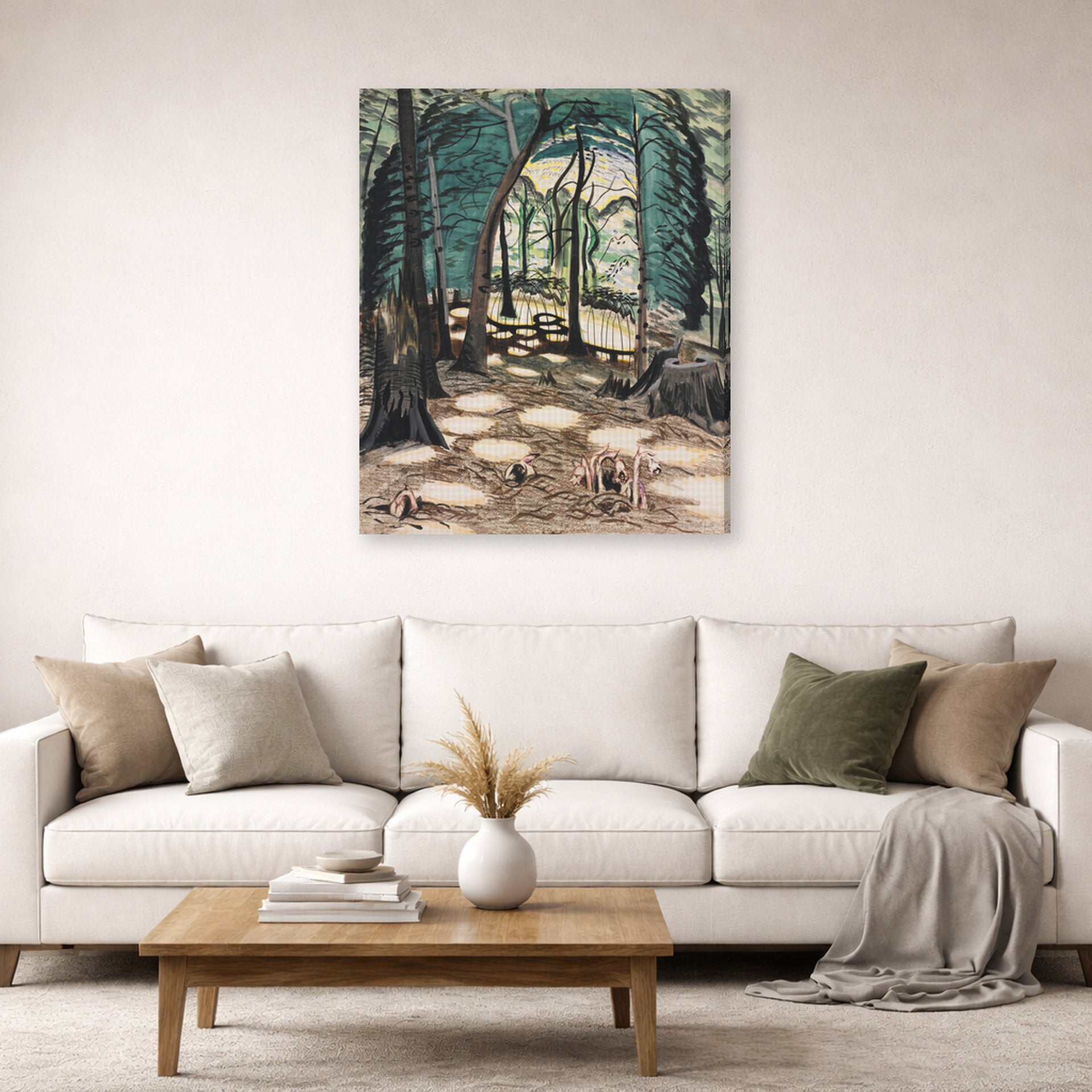 Gallery-wrapped canvas print of Charles Burchfield's The Bower displayed on a wall in a living room