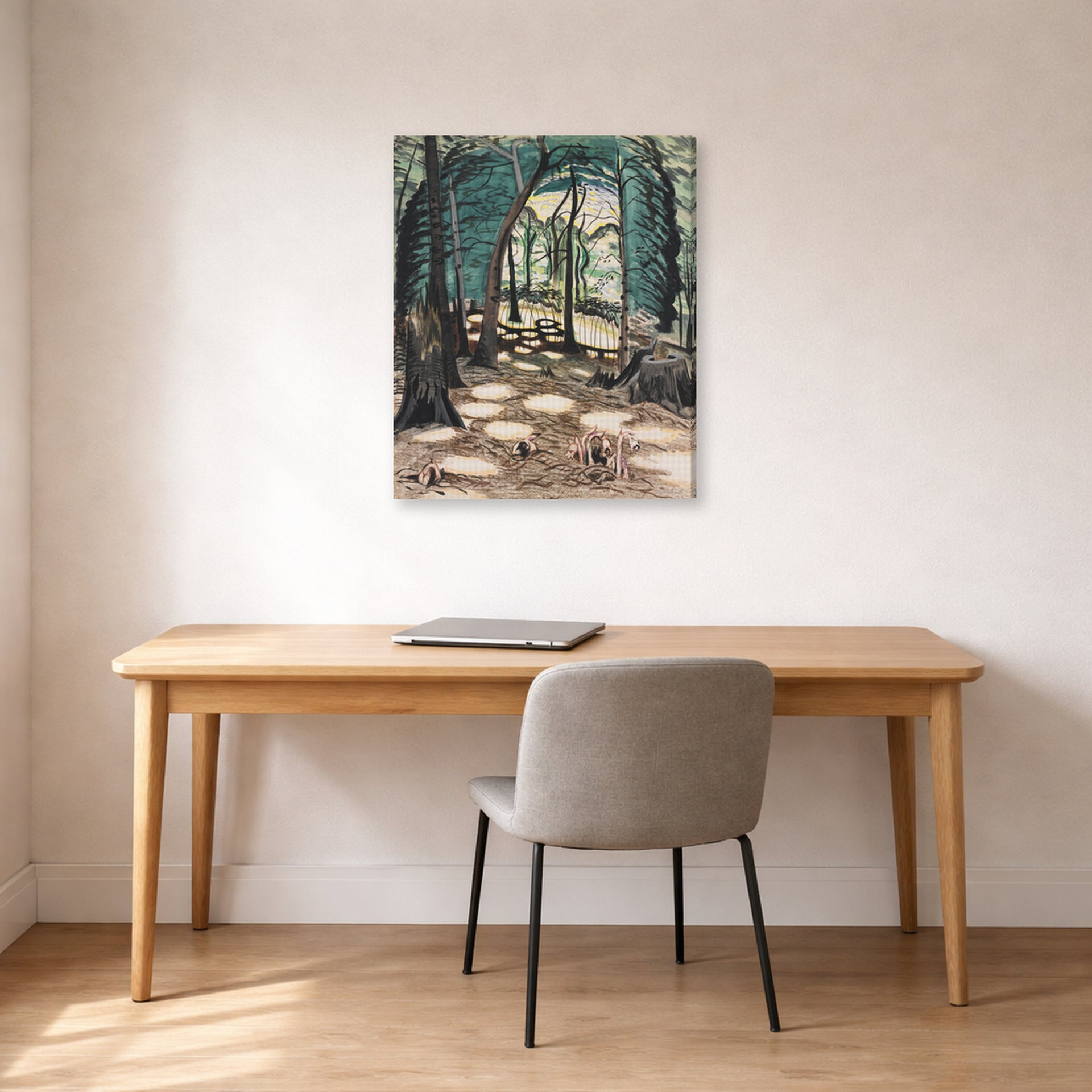 Gallery-wrapped canvas print of Charles Burchfield's The Bower displayed on a wall in a office