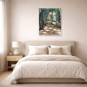 Unframed poster print of Charles Burchfield's The Bower displayed on a wall in a bedroom
