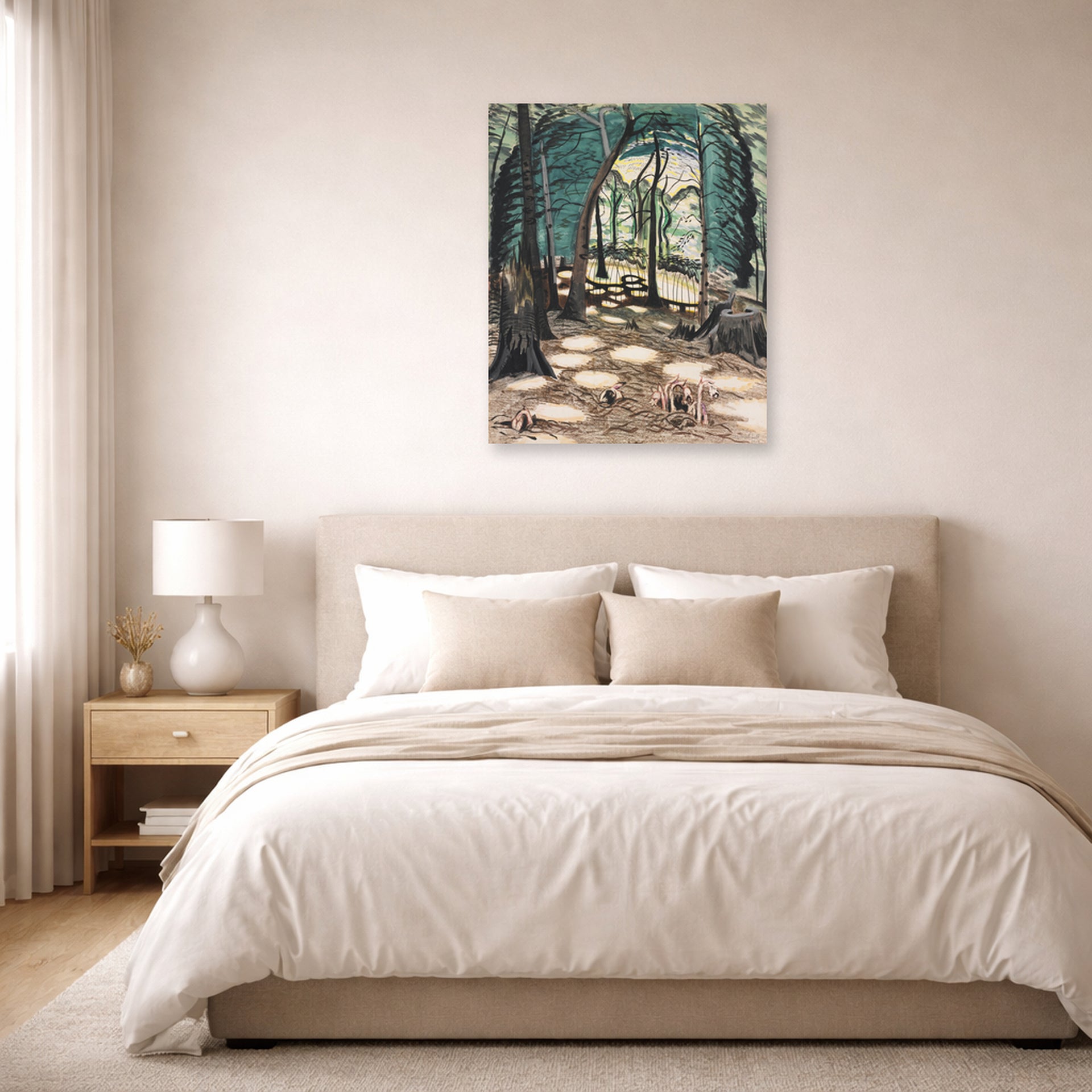 Unframed poster print of Charles Burchfield's The Bower displayed on a wall in a bedroom