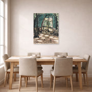 Unframed poster print of Charles Burchfield's The Bower displayed on a wall in a dining room