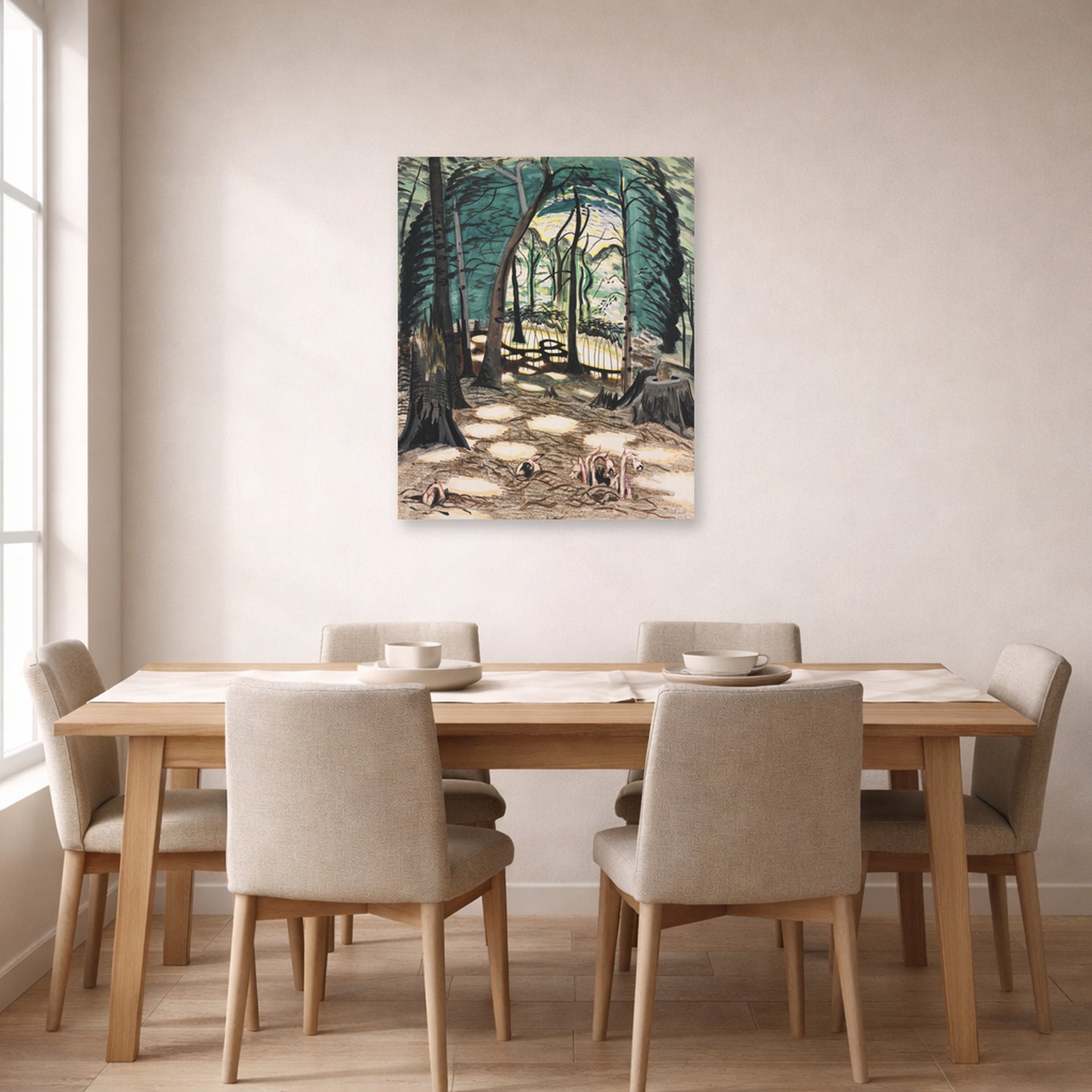 Unframed poster print of Charles Burchfield's The Bower displayed on a wall in a dining room