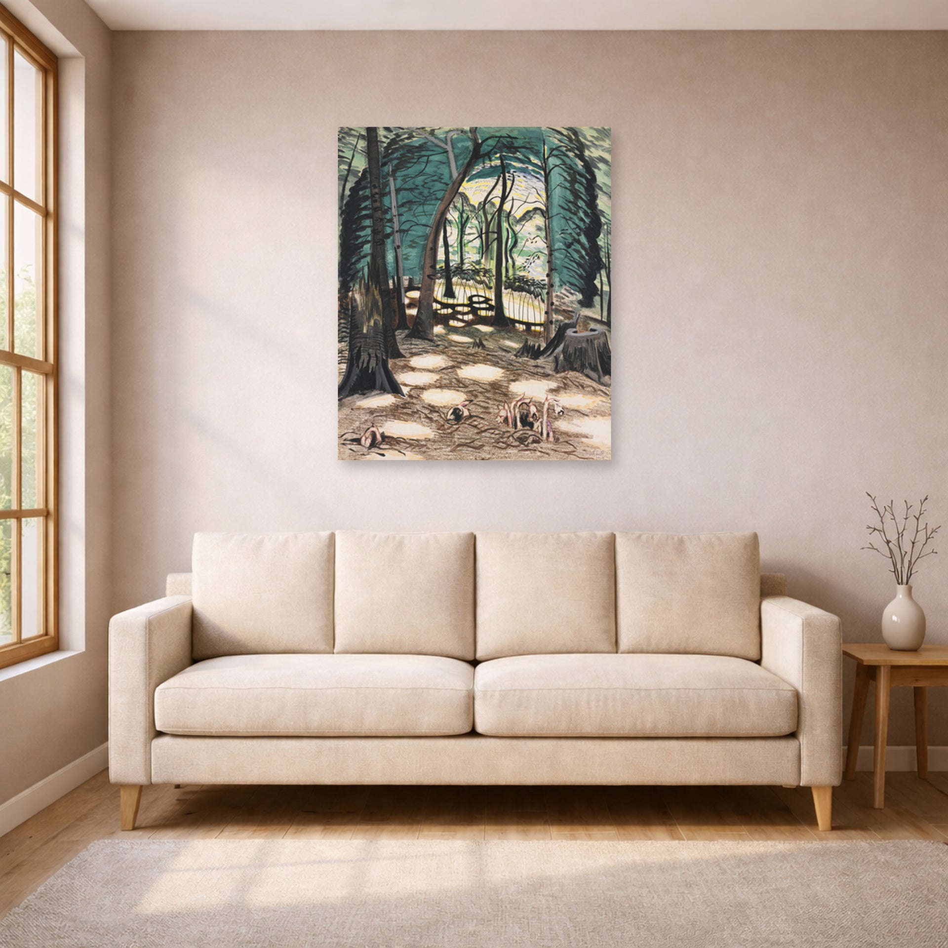 Unframed poster print of Charles Burchfield's The Bower displayed on a wall in a living room