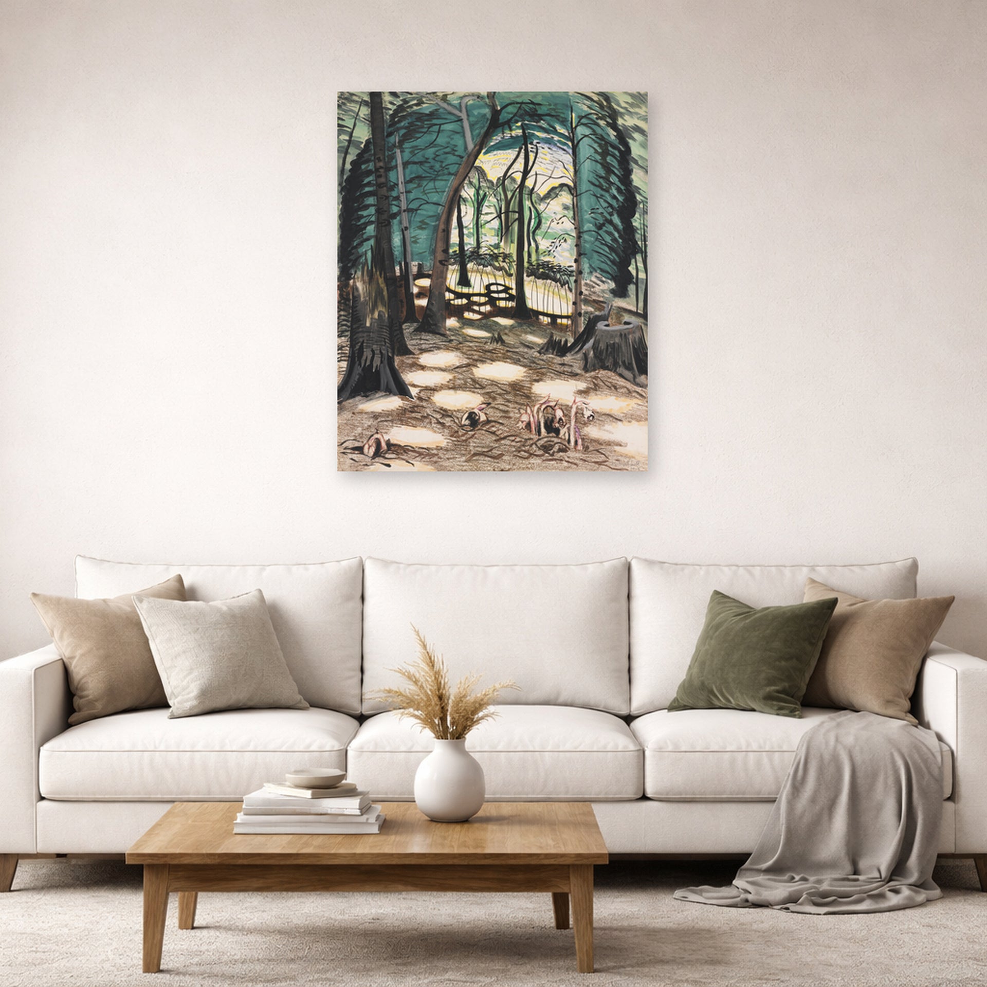 Unframed poster print of Charles Burchfield's The Bower displayed on a wall in a living room