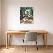 Unframed poster print of Charles Burchfield's The Bower displayed on a wall in a office