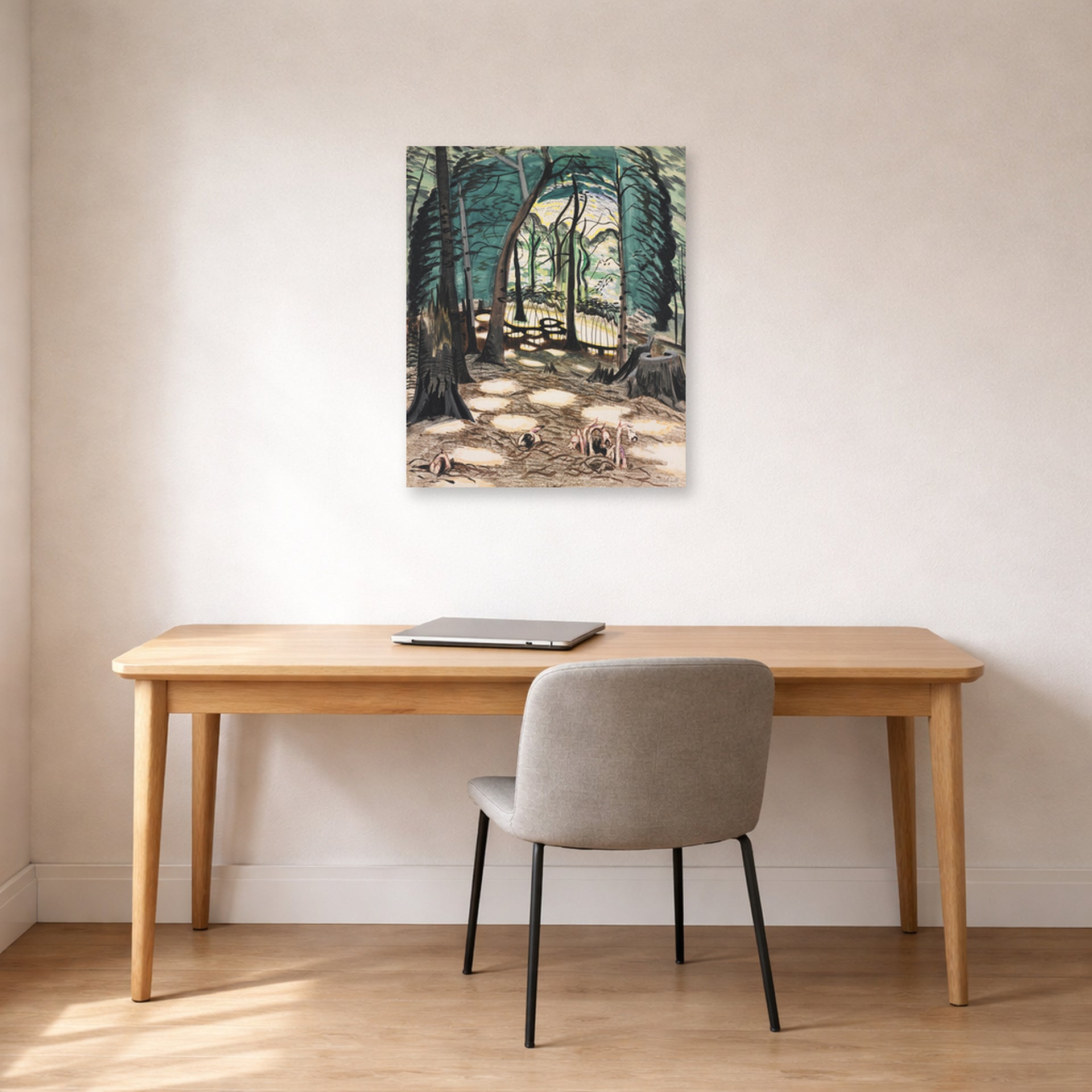 Unframed poster print of Charles Burchfield's The Bower displayed on a wall in a office