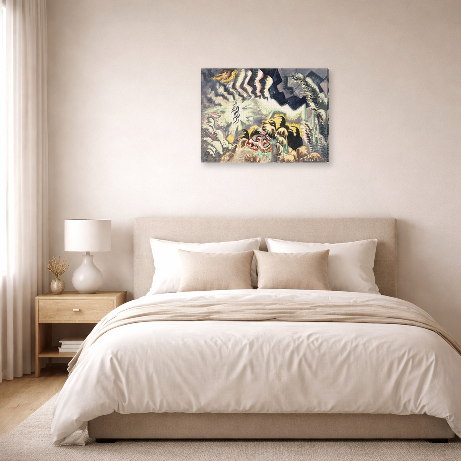 Gallery-wrapped canvas print of Charles Burchfield's The Moth And The Thunderclap displayed on a wall in a bedroom