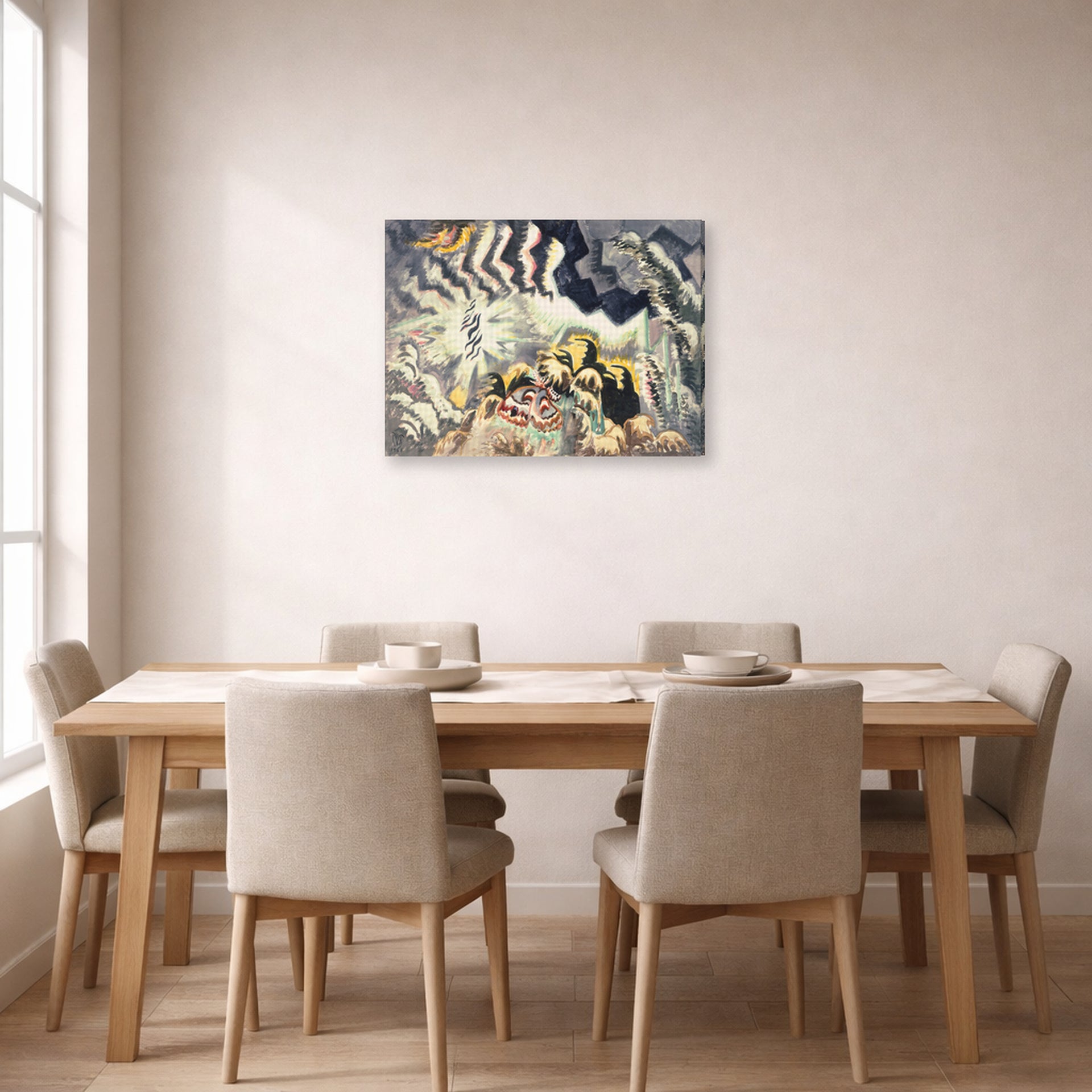Gallery-wrapped canvas print of Charles Burchfield's The Moth And The Thunderclap displayed on a wall in a dining room