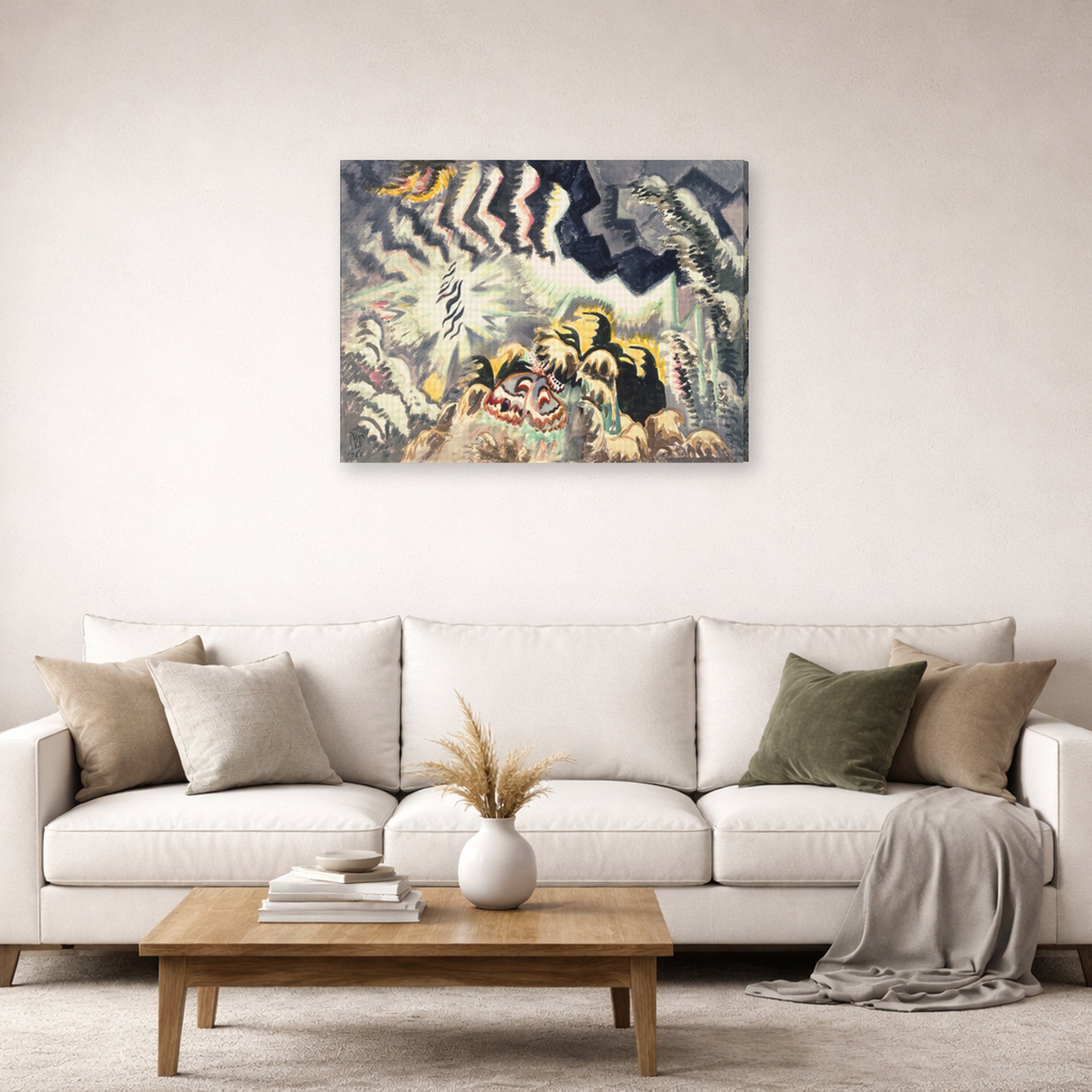 Gallery-wrapped canvas print of Charles Burchfield's The Moth And The Thunderclap displayed on a wall in a living room