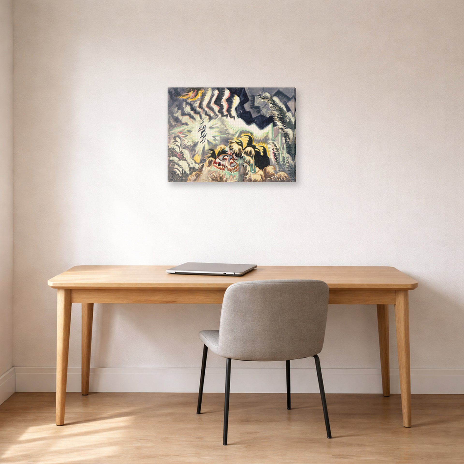 Gallery-wrapped canvas print of Charles Burchfield's The Moth And The Thunderclap displayed on a wall in a office