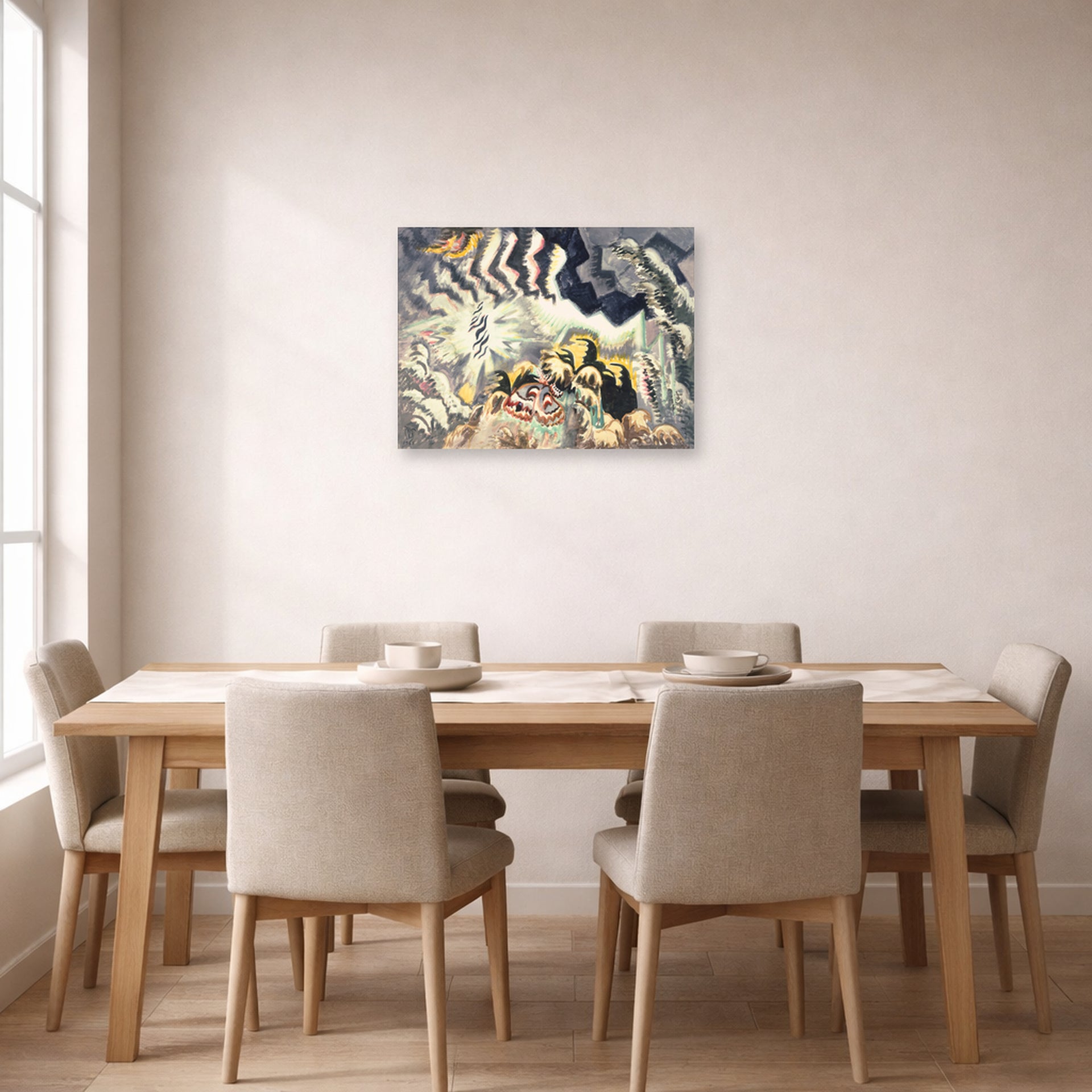 Unframed poster print of Charles Burchfield's The Moth And The Thunderclap displayed on a wall in a dining room