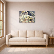 Unframed poster print of Charles Burchfield's The Moth And The Thunderclap displayed on a wall in a living room