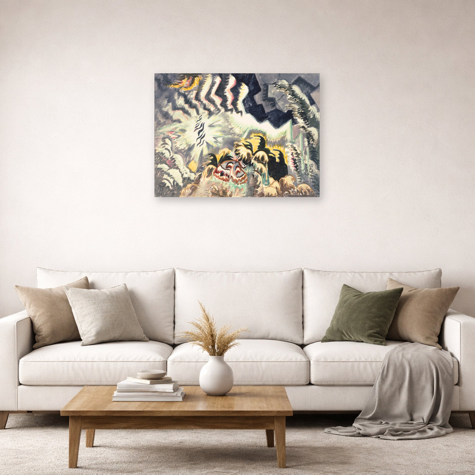 Unframed poster print of Charles Burchfield's The Moth And The Thunderclap displayed on a wall in a living room