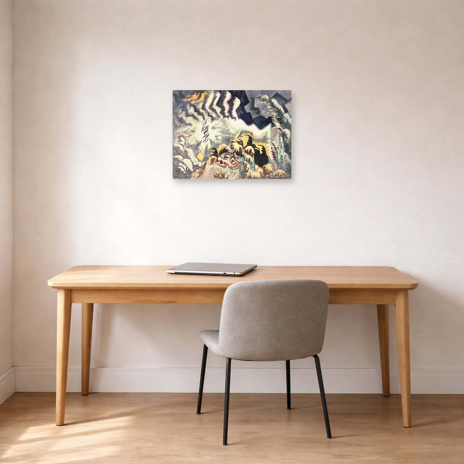Unframed poster print of Charles Burchfield's The Moth And The Thunderclap displayed on a wall in a office