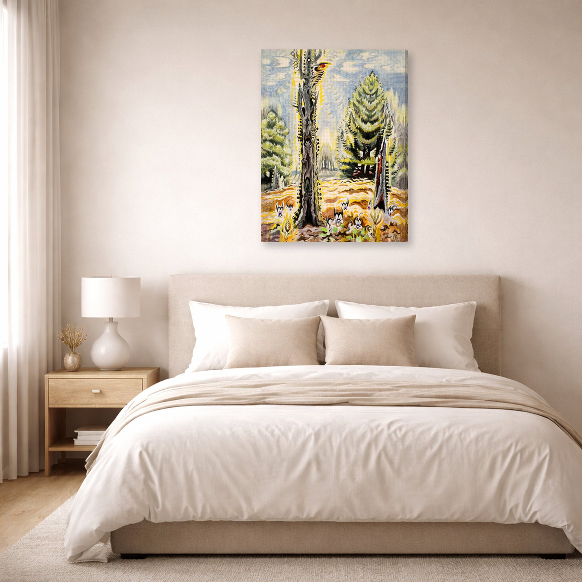 Gallery-wrapped canvas print of Charles Burchfield's The Woodpecker displayed on a wall in a bedroom