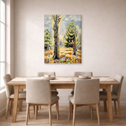 Gallery-wrapped canvas print of Charles Burchfield's The Woodpecker displayed on a wall in a dining room