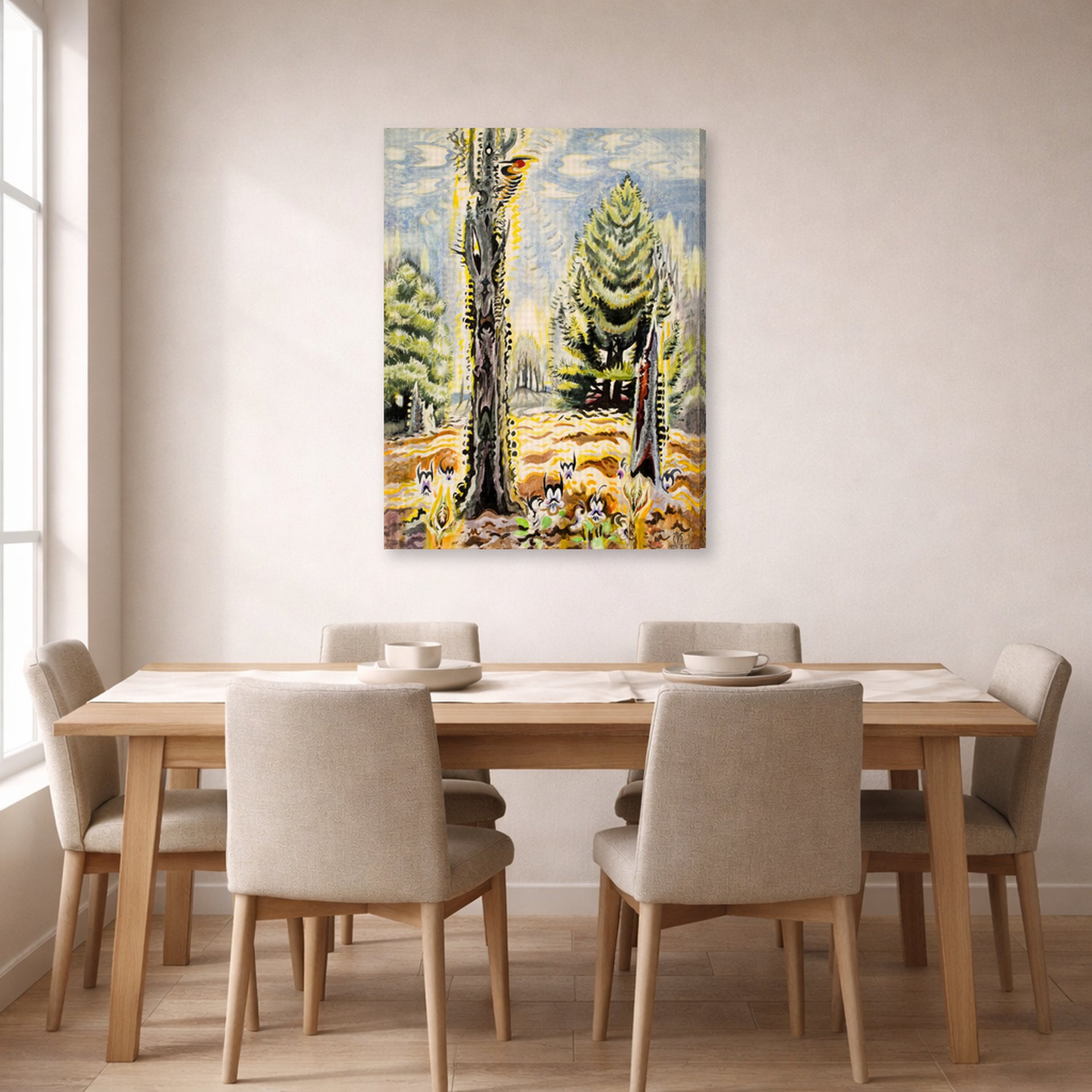 Gallery-wrapped canvas print of Charles Burchfield's The Woodpecker displayed on a wall in a dining room