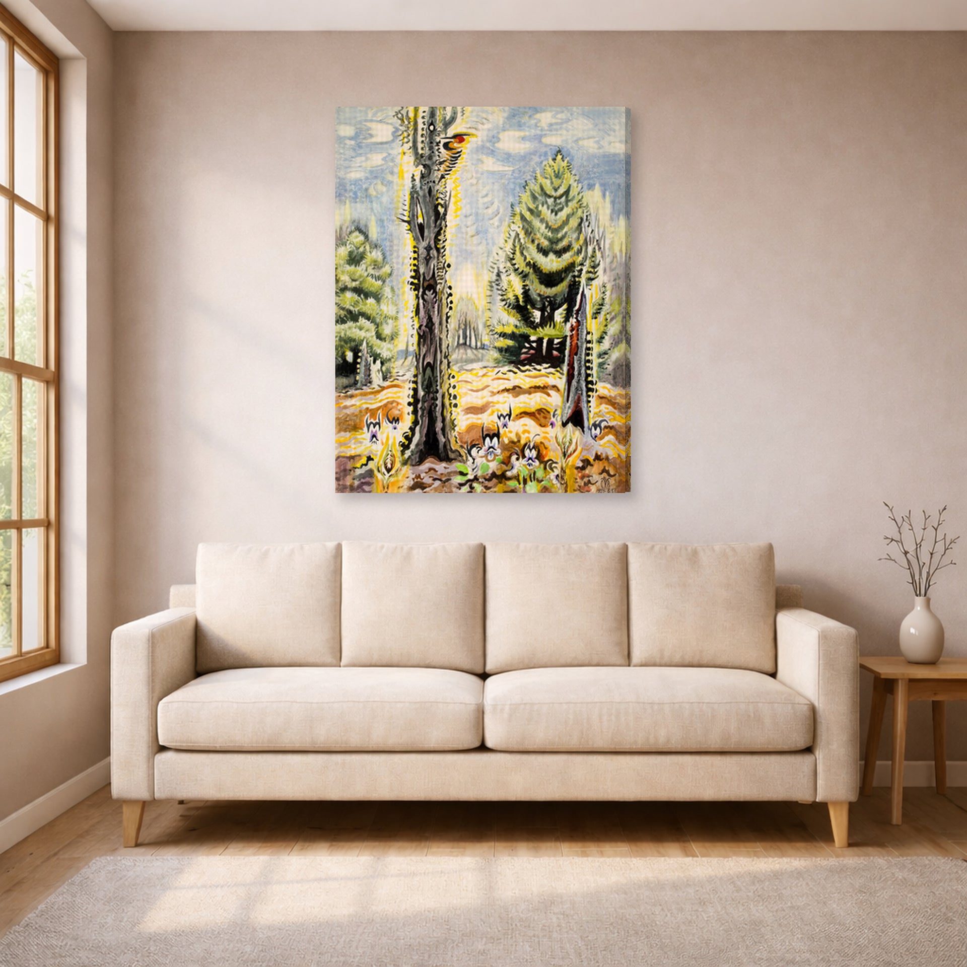 Gallery-wrapped canvas print of Charles Burchfield's The Woodpecker displayed on a wall in a living room