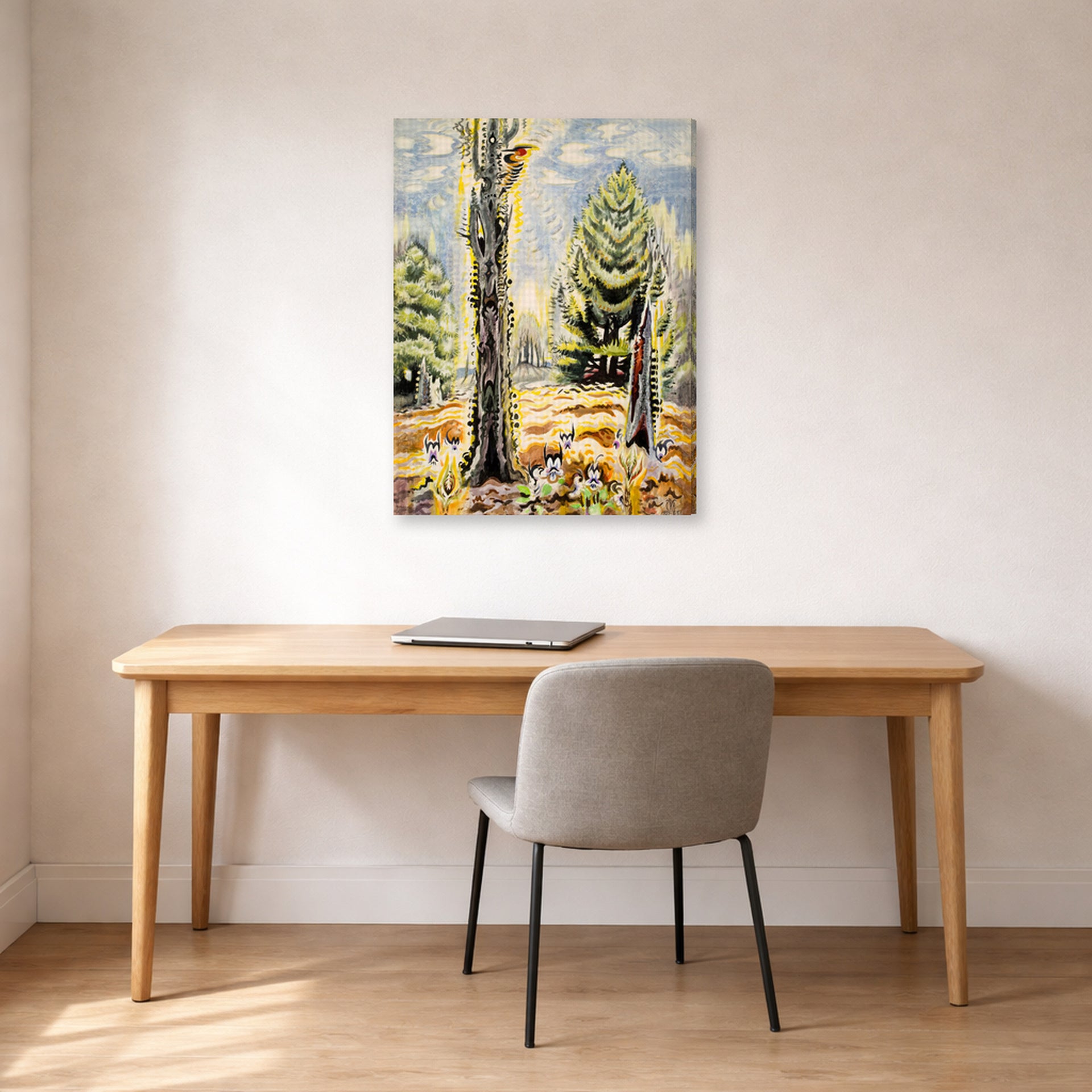 Gallery-wrapped canvas print of Charles Burchfield's The Woodpecker displayed on a wall in a office