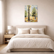 Unframed poster print of Charles Burchfield's The Woodpecker displayed on a wall in a bedroom