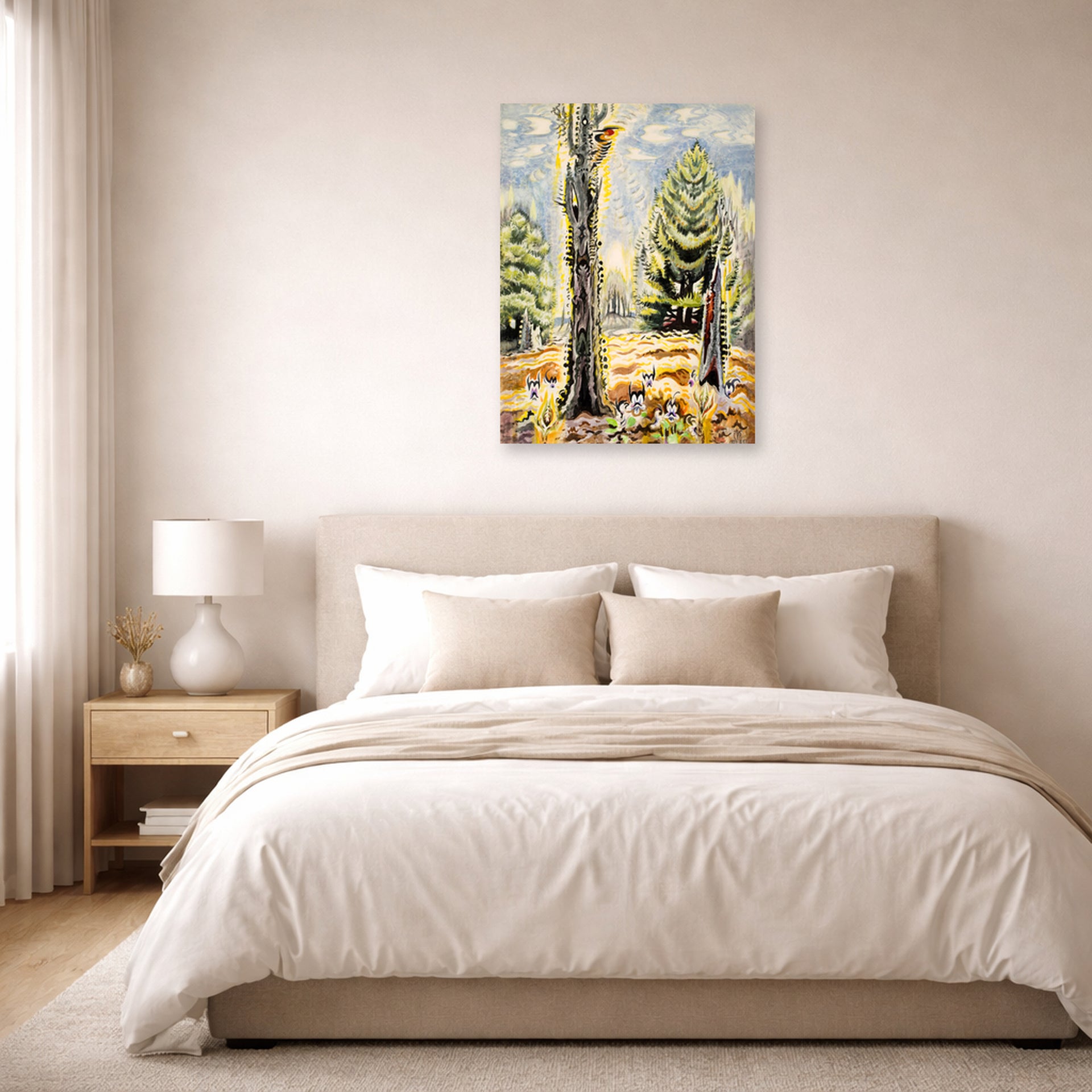 Unframed poster print of Charles Burchfield's The Woodpecker displayed on a wall in a bedroom
