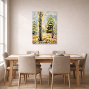 Unframed poster print of Charles Burchfield's The Woodpecker displayed on a wall in a dining room