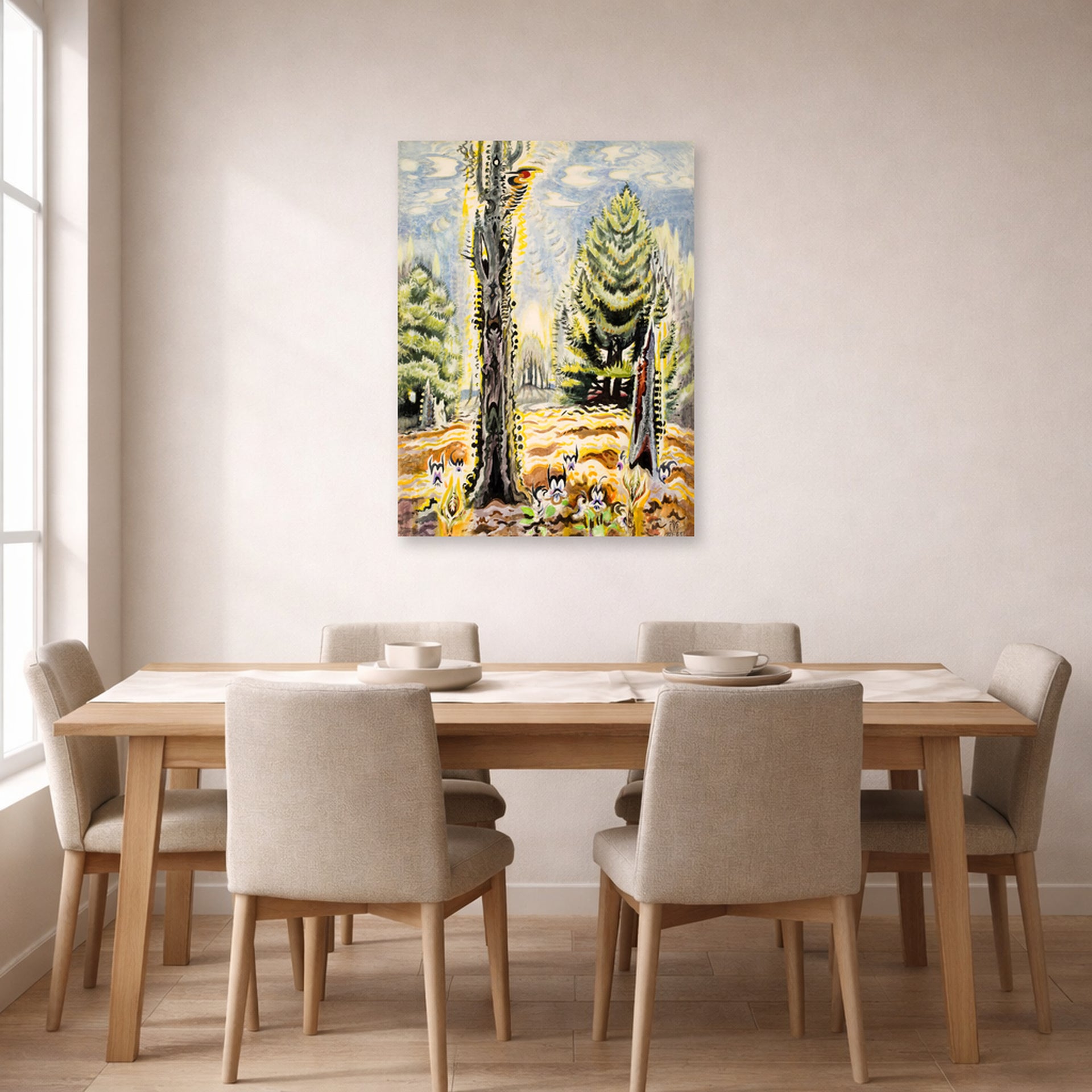 Unframed poster print of Charles Burchfield's The Woodpecker displayed on a wall in a dining room