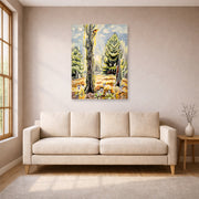 Unframed poster print of Charles Burchfield's The Woodpecker displayed on a wall in a living room