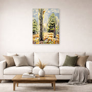 Unframed poster print of Charles Burchfield's The Woodpecker displayed on a wall in a living room
