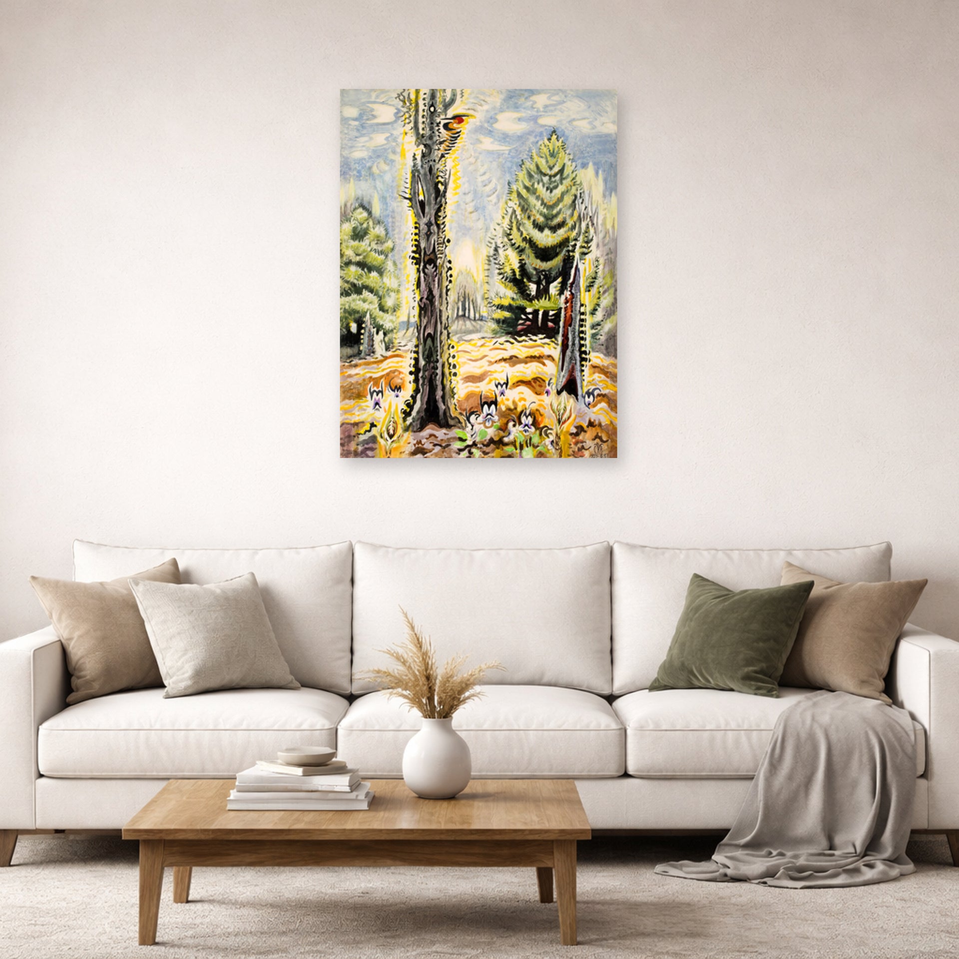 Unframed poster print of Charles Burchfield's The Woodpecker displayed on a wall in a living room