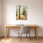 Unframed poster print of Charles Burchfield's The Woodpecker displayed on a wall in a office
