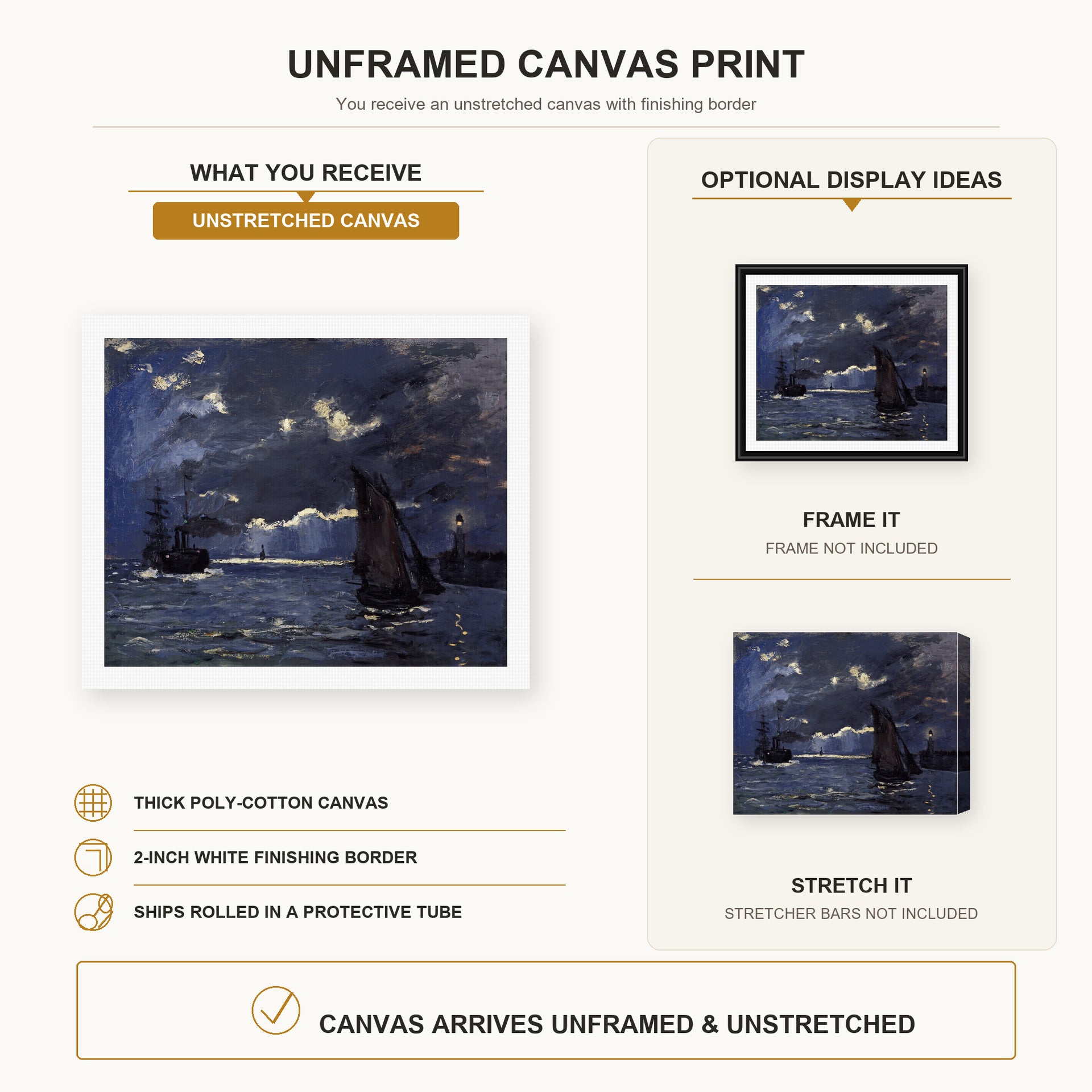 Claude Monet - A Seascape, Shipping by Moonlight canvas print size comparison and framing display infographic