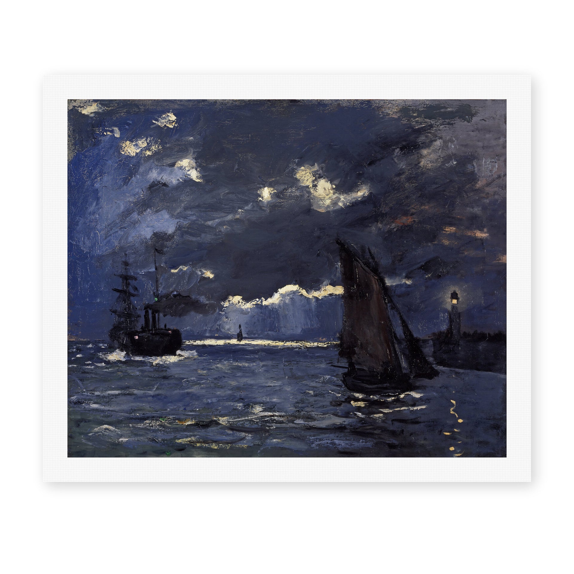 Claude Monet's 'A Seascape, Shipping by Moonlight' painting reproduced as a rolled canvas print